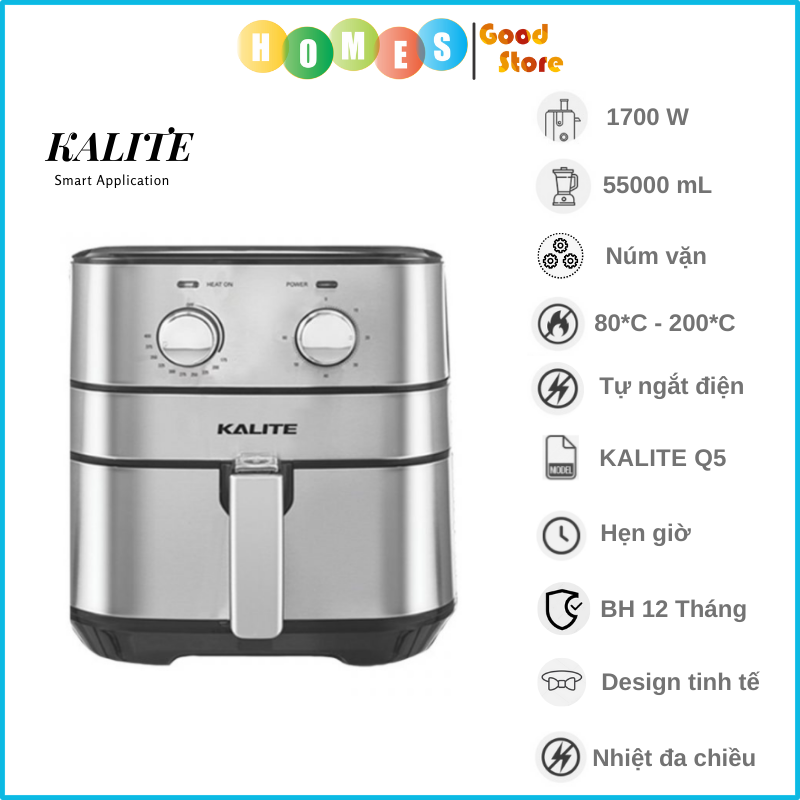 Nồi Chiên Không Dầu KALITE Q5 Vỏ Chống Gỉ Sang Trọng Dung Tích 5.5 Lít Công Suất 1700 W - Hàng Chính Hãng