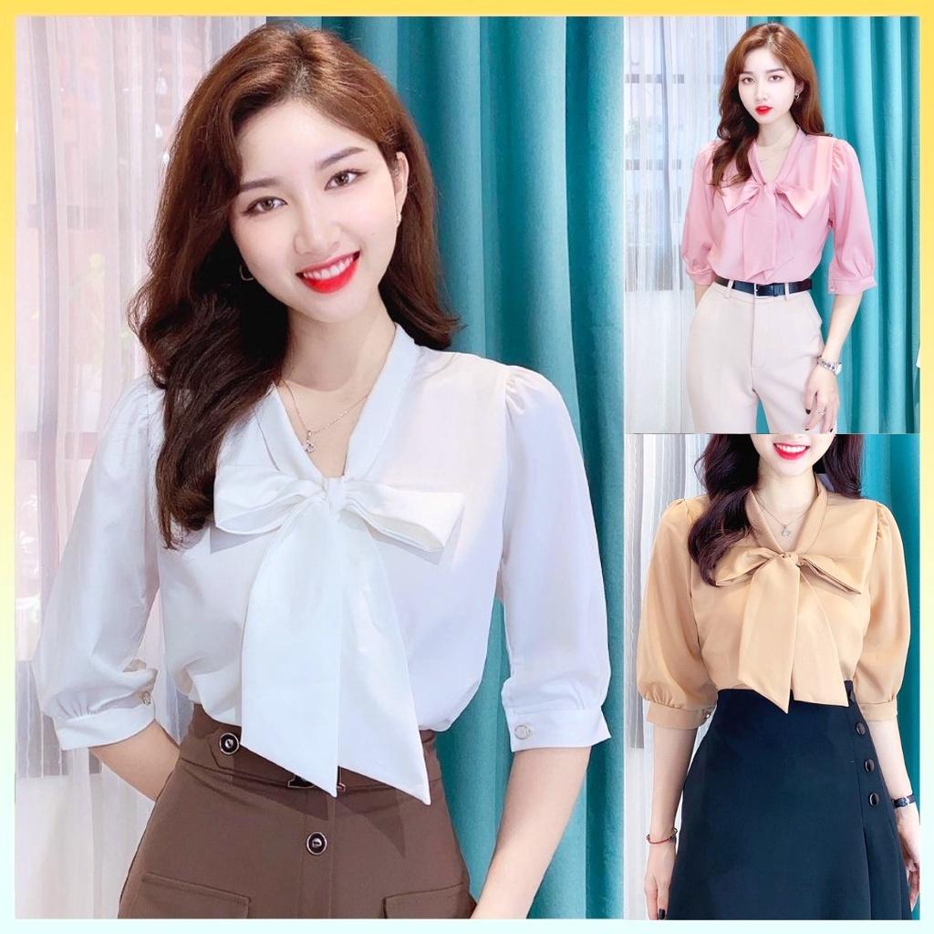 [L2M] Áo sơ mi kiểu nữ kate lụa tay lửng CỘT NƠ CỔ siêu xinh và thanh lịch