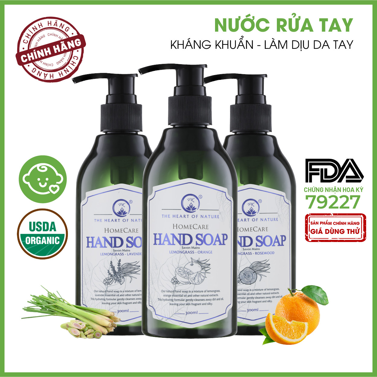 COMBO 3 chai Nước Rửa Tay Tinh Dầu Thảo Mộc Hữu Cơ Organic PK 300ml/CHAI - Tiêu diệt 99.9% vi khuẩn gây bệnh - Hương thơm tinh dầu nhẹ nhàng - Mềm mại cho da tay mẹ, an toàn cho bé.