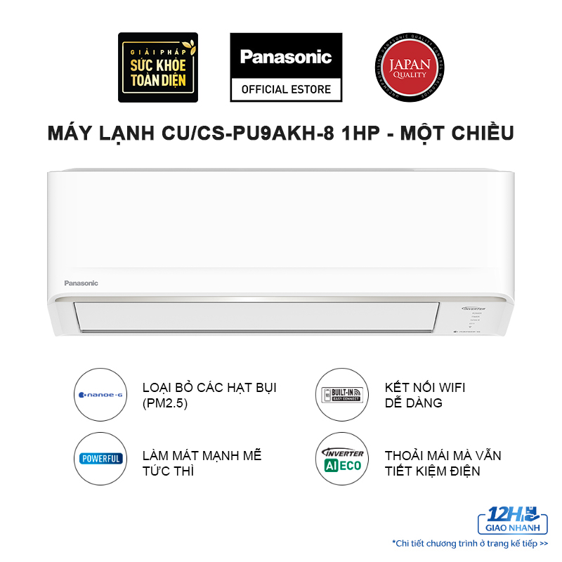 Máy lạnh/ Điều hòa Panasonic Inverter CU/CS-PU9AKH-8 - Công suất 1HP - Một chiều - Lọc không khí bụi mịn - Wifi