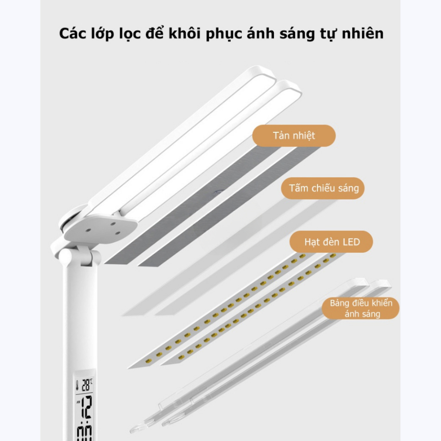 Đèn học chống cận chống cận, đèn đọc sách để bàn sạc pin 3 chế độ ánh sáng, màn hình LED hiện thị ngày - Hàng chính hãng