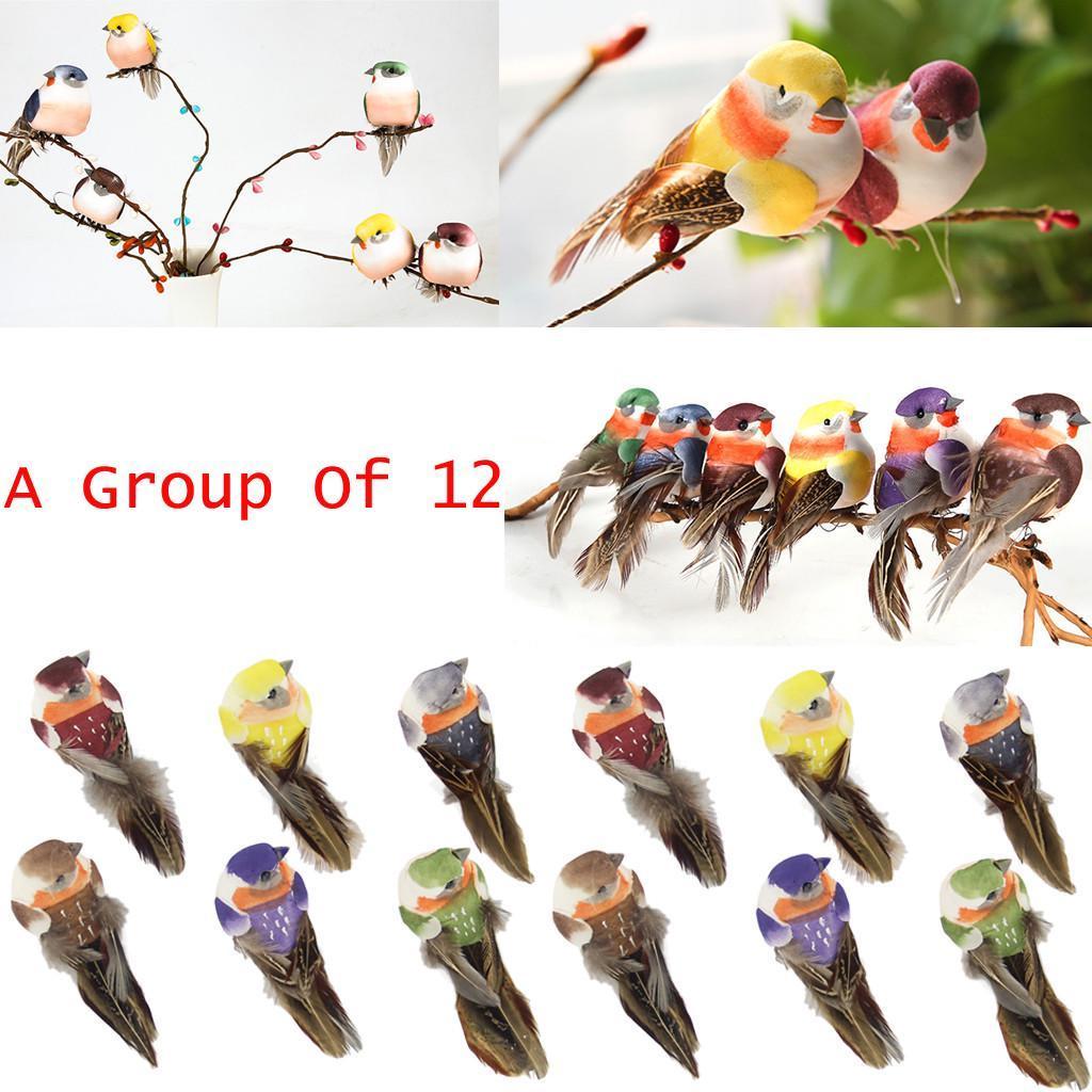 12Pcs Artificial Bird Perched Woodland Fake Feather Birds Garden Decor Claw