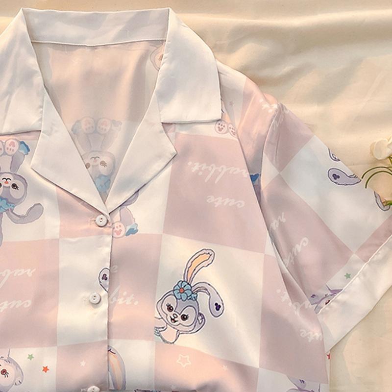MS1049 Bộ Pyjama Nữ Lụa Satin, Bộ Quần Đùi Áo Cộc Mặc Nhà Thỏ Hồng Caro 3922#