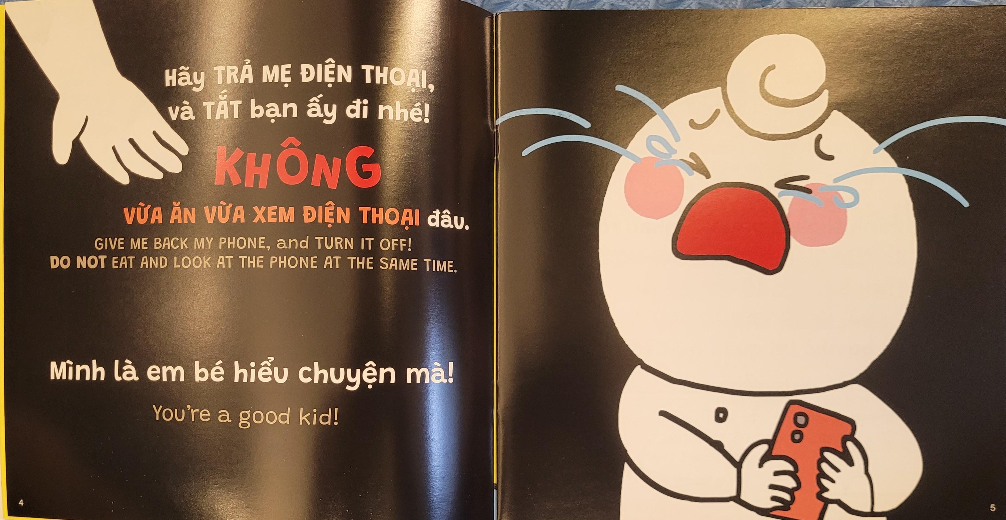 Sách Ehon Miu Bé Nhỏ Phần 4 Song Ngữ - Miu Bé Nhỏ Đừng Vừa Ăn Vừa Xem Điện Thoại Nhé