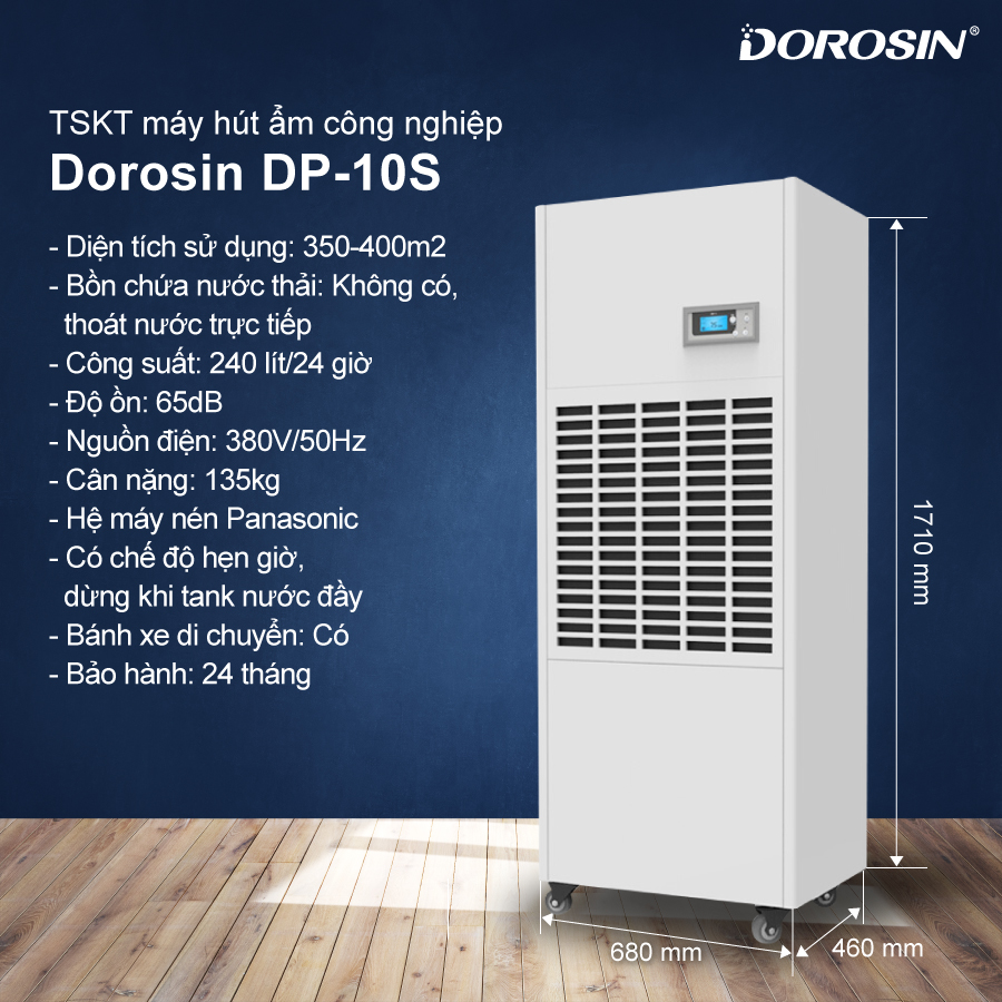 Máy hút ẩm công nghiệp Dorosin DP-10S công suất 240 lít/ngày - HÀNG NHẬP KHẨU CHÍNH HÃNG