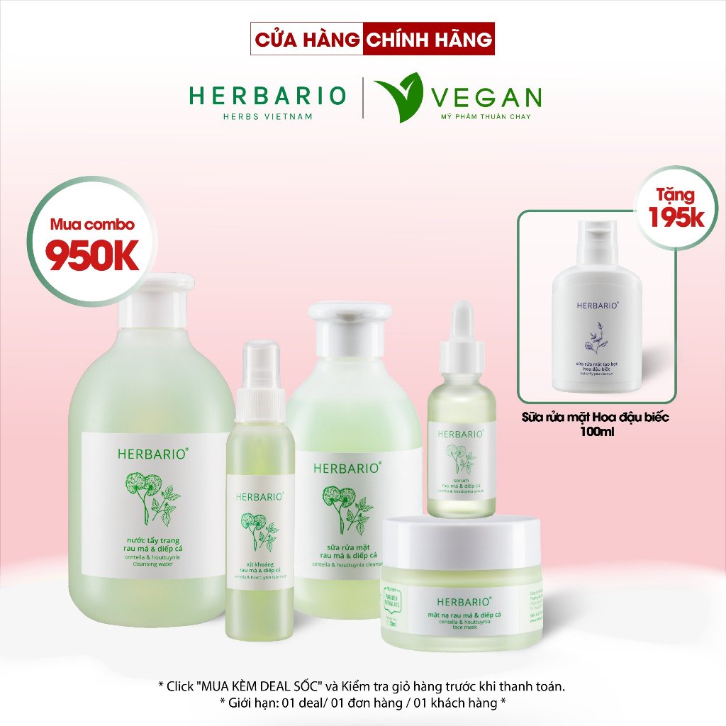 Bộ 5 Chăm Sóc Da Rau má và Diếp cá Herbario: Nước tẩy trang 300ml + Sữa rửa măt 200ml + Xịt khoáng 100ml +Mặt nạ 30ml+Tinh chất 30ml