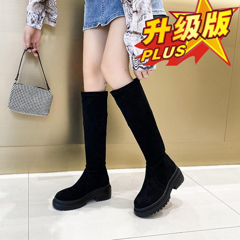 Giày Nữ Mùa Đông 2021 Gợi Cảm Đầu Gối Giày Chặt Stovepipe Hiệp Sĩ Giày Da Lộn Mũi Tròn Chiến Đấu Xu Hướng Nhung Ấm Nữ giày Tăng