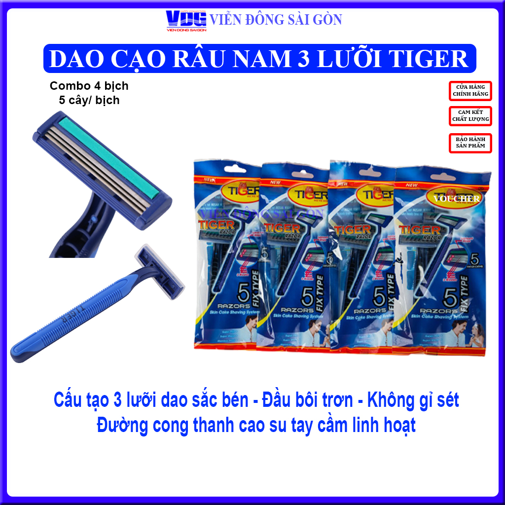 Combo 4 bịch dao cạo râu 3 lưỡi Tiger We're Men (5 cây/ bịch) - xài 1 lần tiện lợi mang lên máy bay đi du lịch được, 3 lưỡi dao kép  sắt bén, không gỉ sét