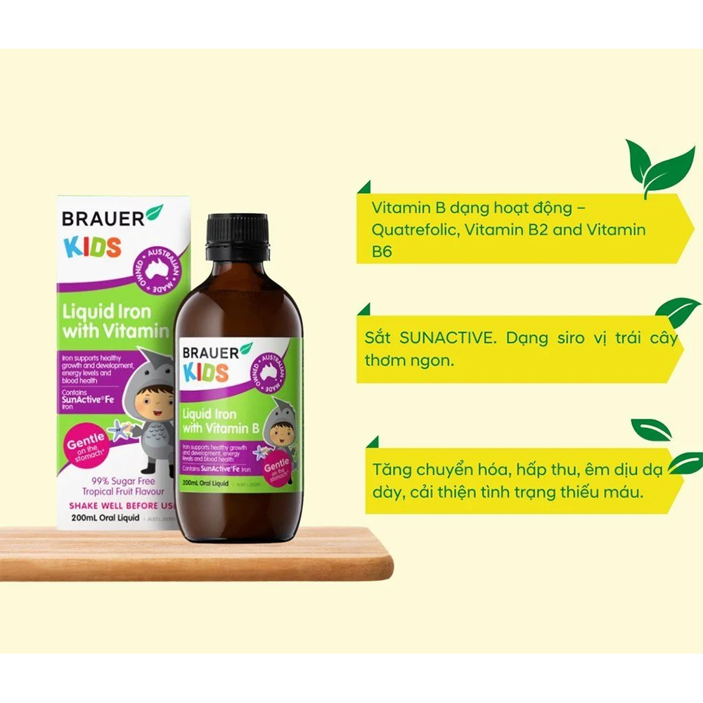 Siro BRAUER Kids Liquid Iron with vitamin B - Bổ sung sắt và vitamin B cho trẻ từ 1 tuổi (200ml)