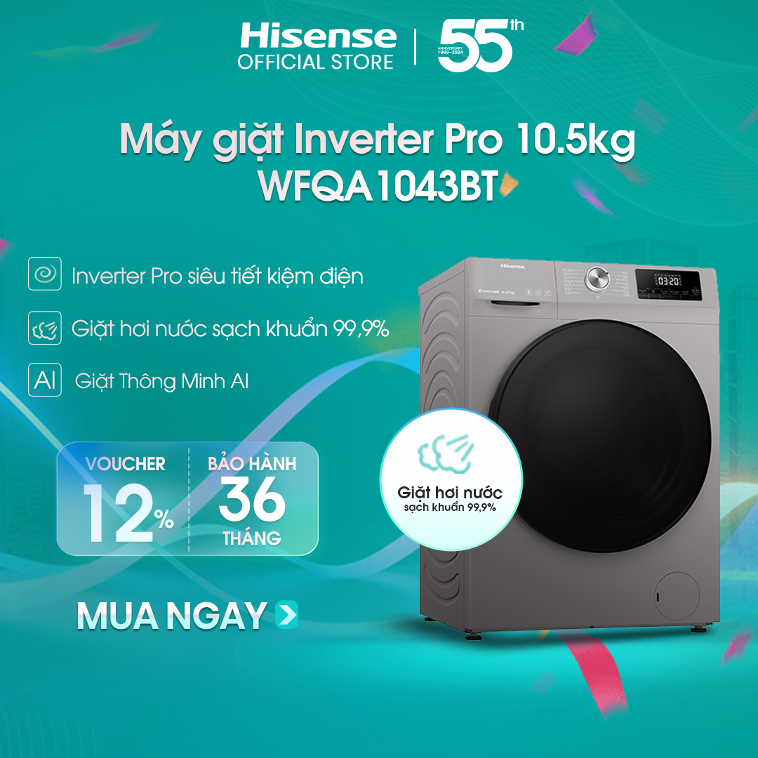 Máy giặt Hisense Inverter cửa ngang WFQA1043BT 10.5kg diệt khuẩn 99%, tiết kiệm điện, bảo hành 3 năm - HÀNG CHÍNH HÃNG