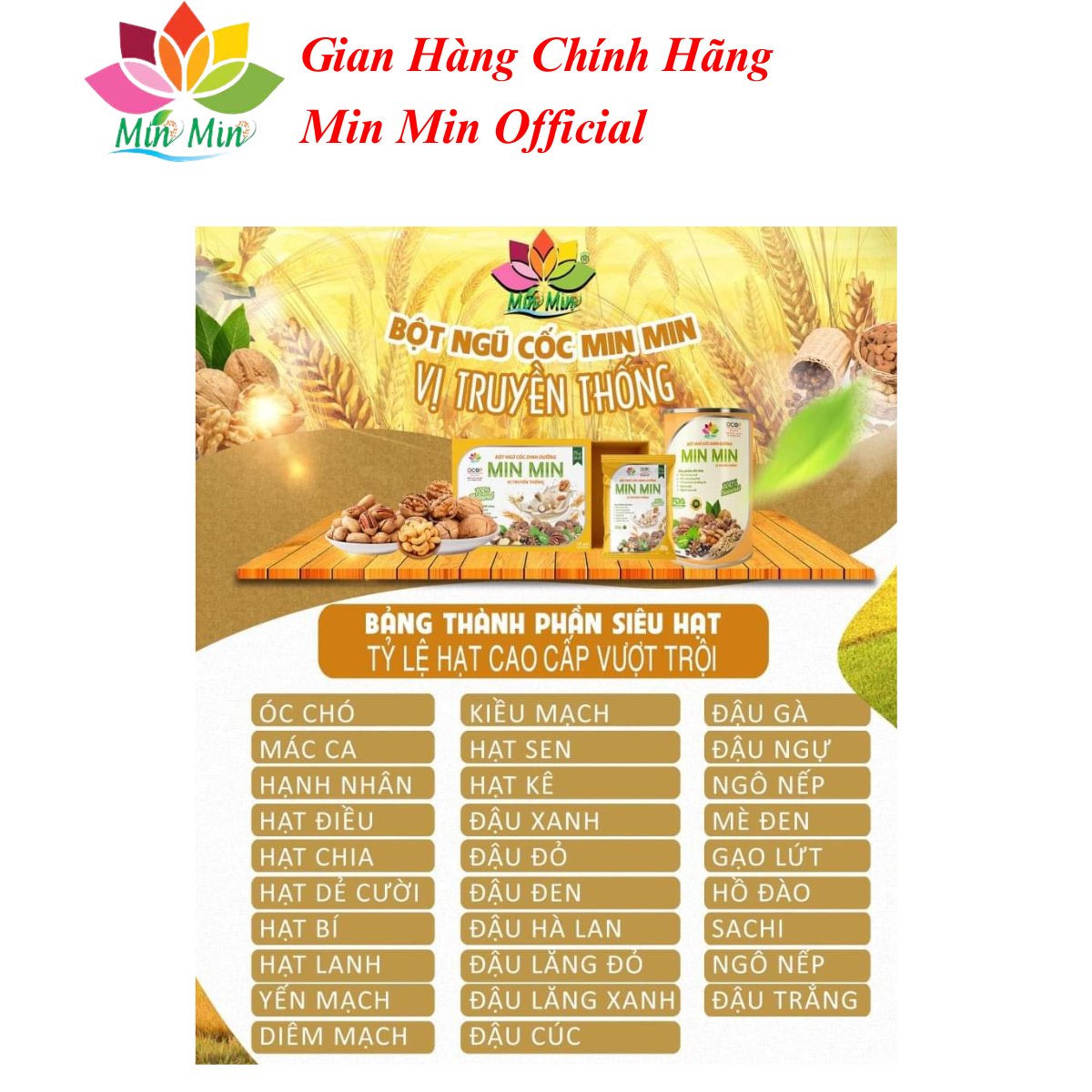 Ngũ Cốc Lợi Sữa Cao Cấp Min Min 29 Hạt - Ngũ Cốc Dinh Dưỡng Mẹ Bầu Dạng Gói  1 hộp 25 gói x20gam (1H/500g)