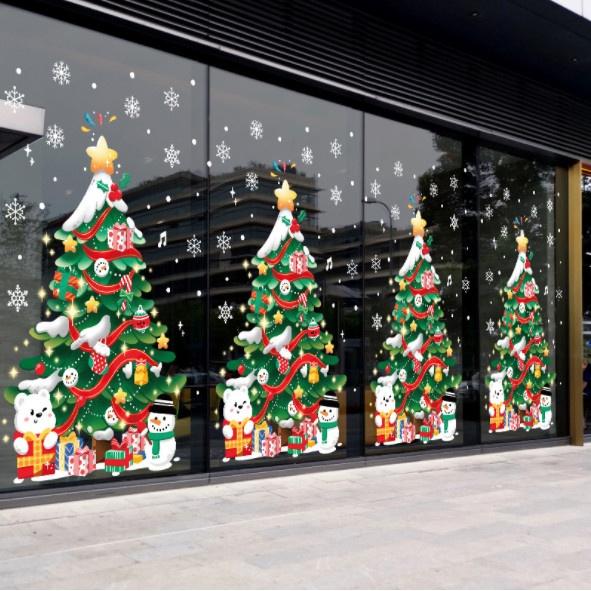 Decal trang trí Noel Hít Tĩnh Điện 2 mặt - CÂY THÔNG QUÀ CÙNG GẤU TUYẾT ĐÁNG YÊU