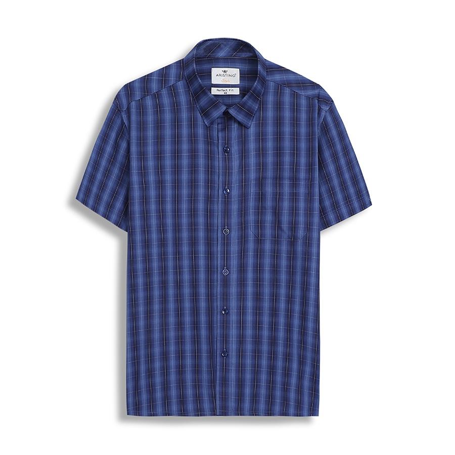 Áo sơ mi nam ngắn tay ARISTINO phom Perfect fit, xanh tím than kẻ trắng nổi bật - ASS315S2