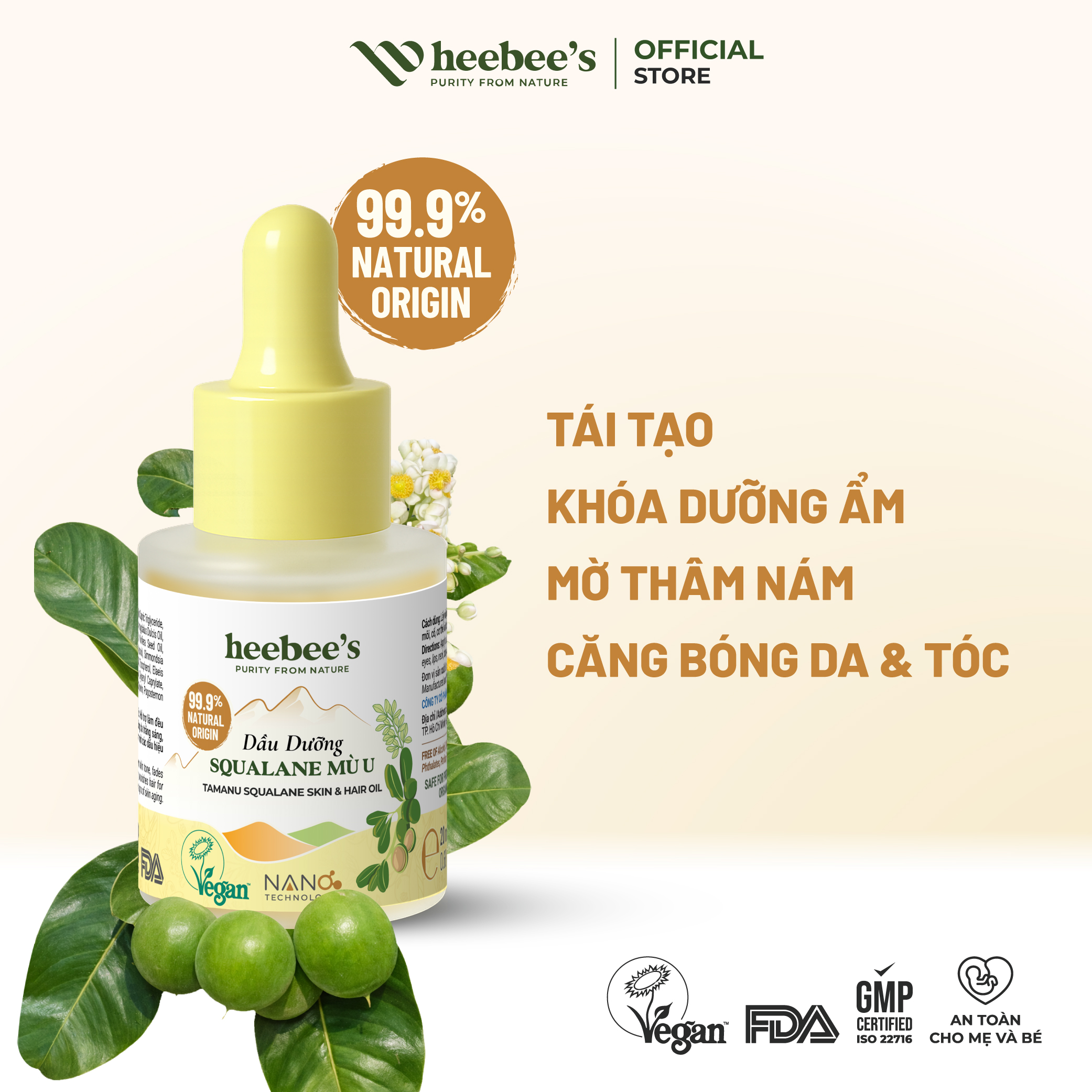 Dầu Dưỡng Thuần Chay Squalane Mù U Heebee’s Booster Oil Cấp Ẩm, Căng Bóng, Mờ Thâm Nám, Phục Hồi Tái Tạo Da &amp; Tóc 20ml