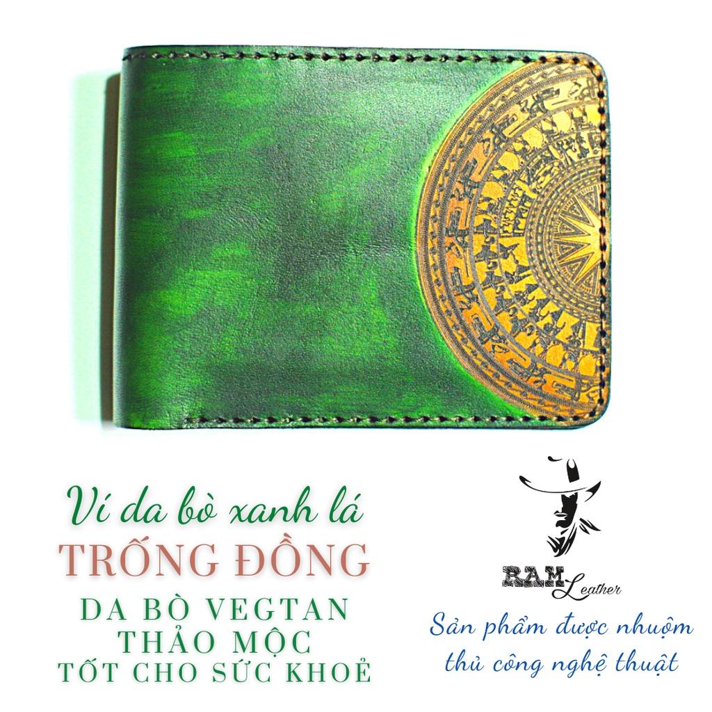 Ví nam trống đồng xanh lá  da bò thảo mộc handmade bền chắc cao cấp dáng ngang - chính hãng RAM Leather