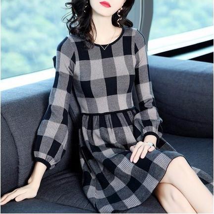 Đầm xòe kẻ caro xám khói cao cấp - DX33