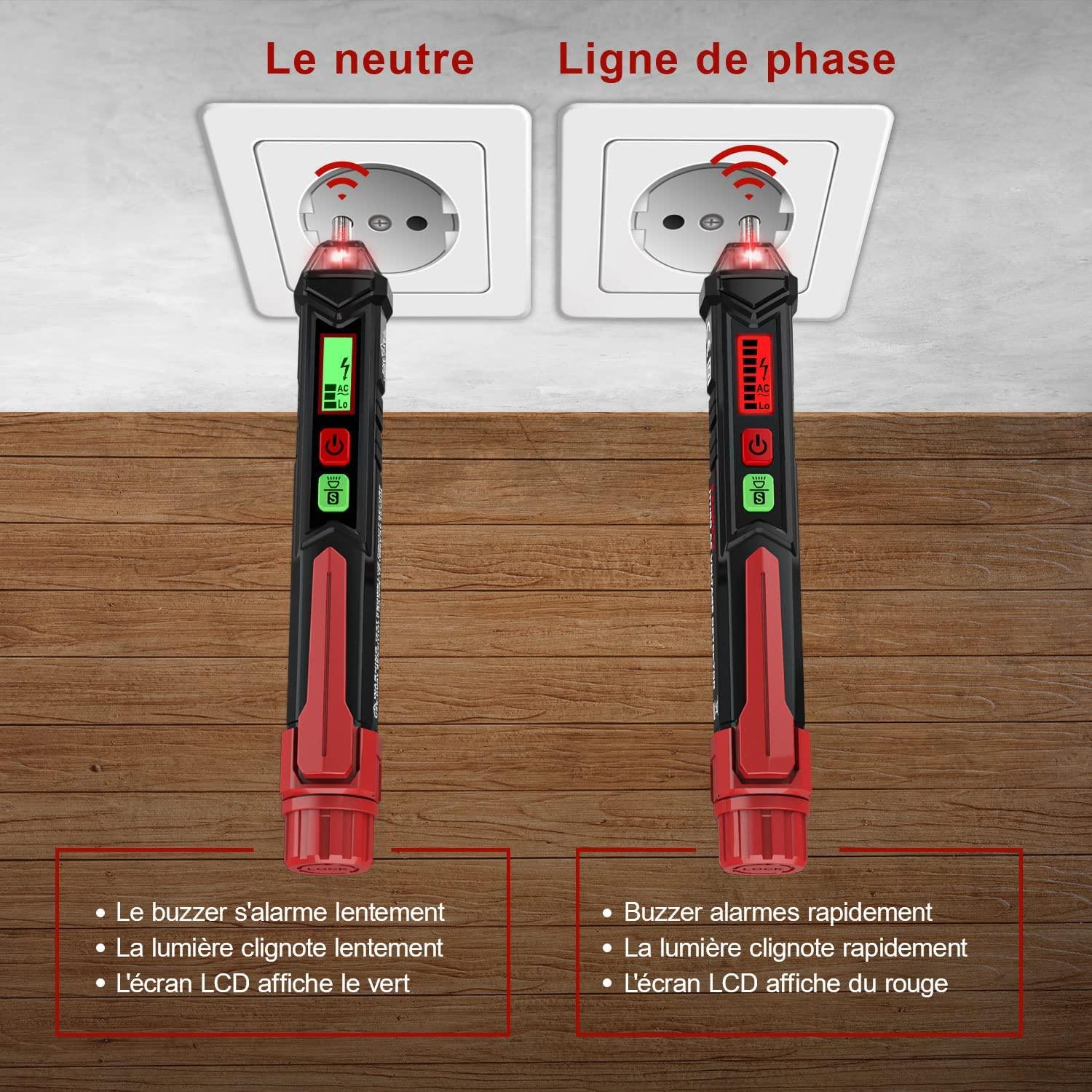 Máy dò điện áp không tiếp xúc, Máy kiểm tra điện áp với độ nhạy kép 12V / 48V-1000V, Màn hình LCD, Kiểm tra dây trung tính / trực tiếp, Đèn pin, Báo động âm thanh