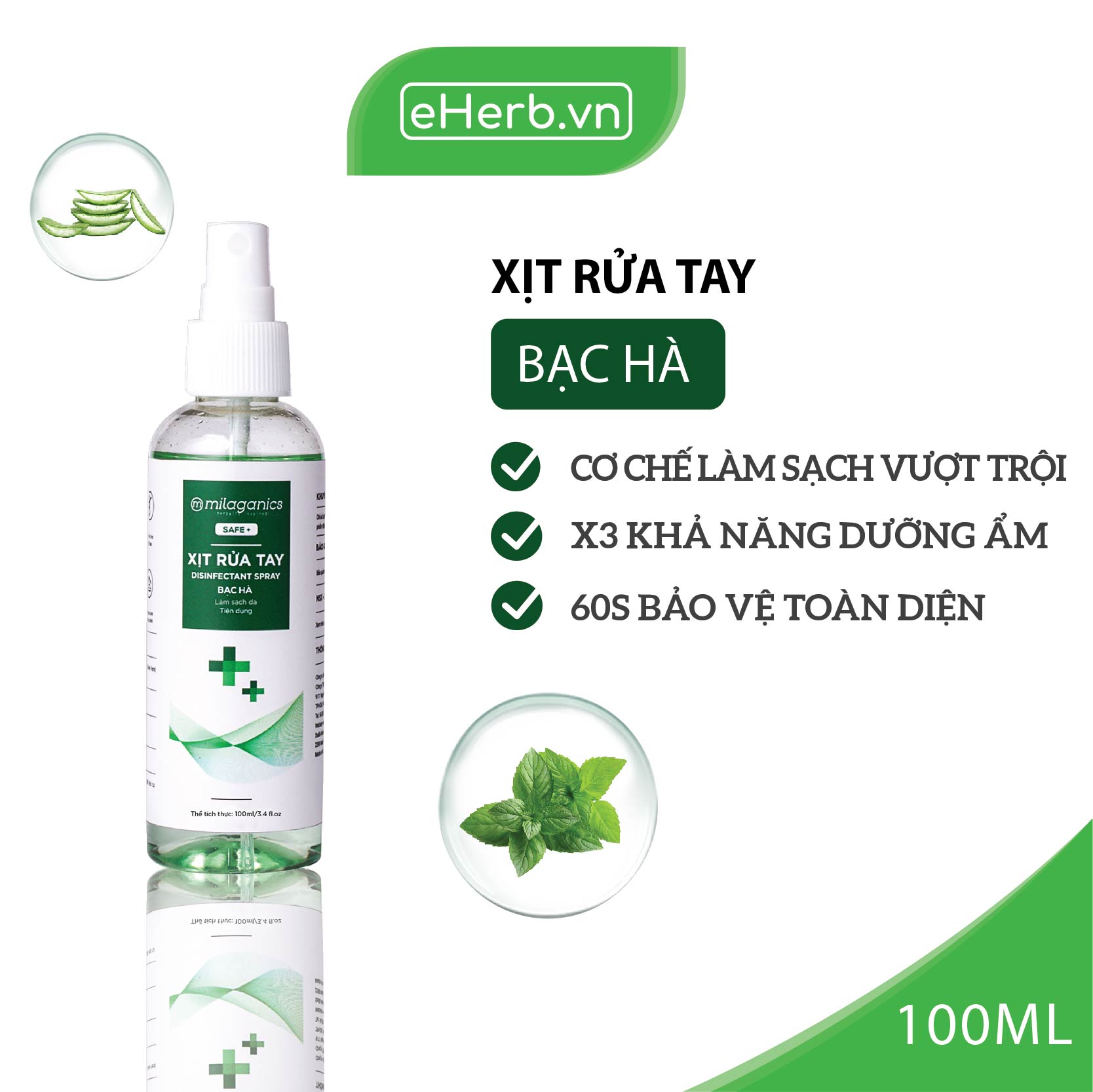 Xịt Rửa Tay Bạc Hà MILAGANICS