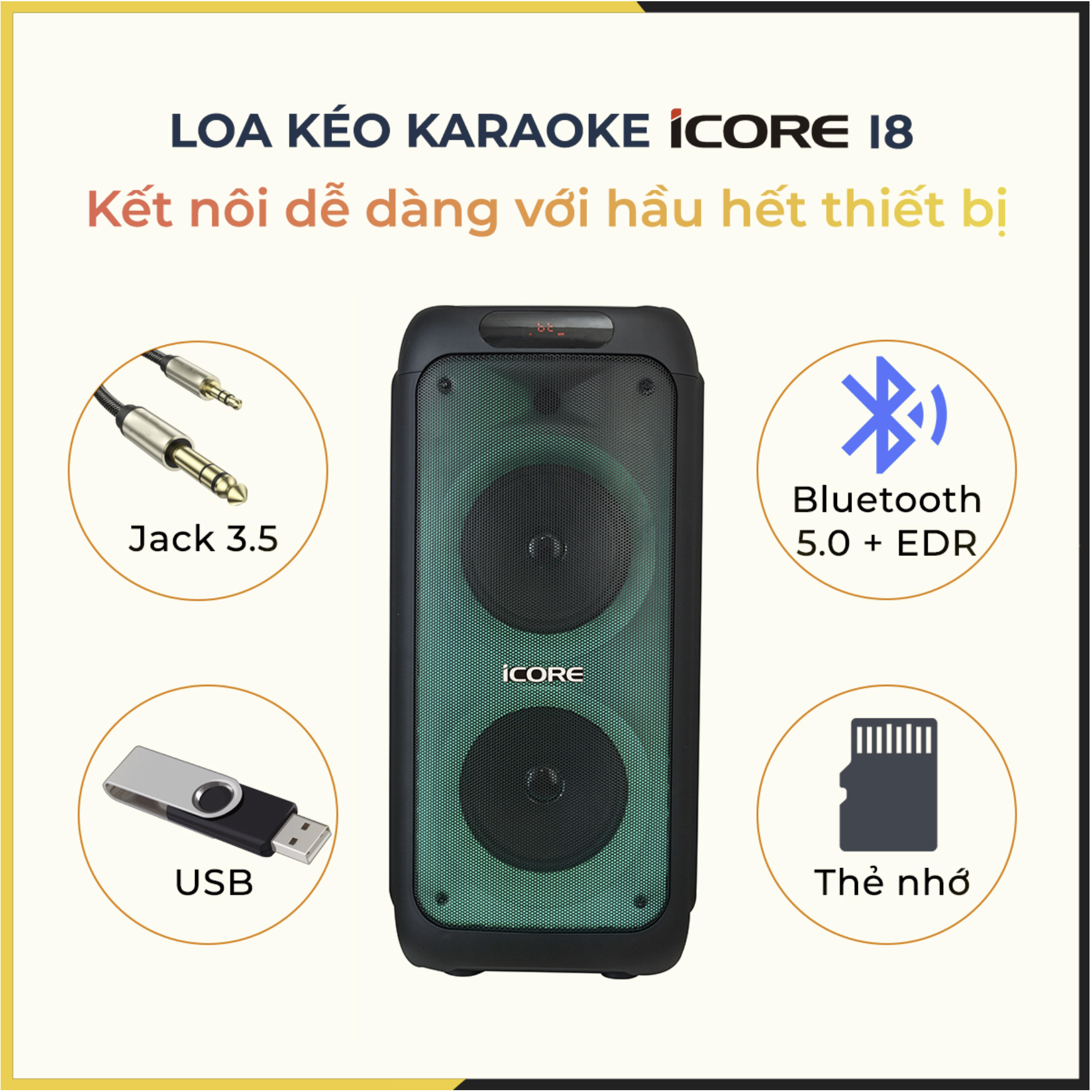 Loa Karaoke iCore i8. Loa xách tay có đèn chớp tắt. Kèm 2 Micro UHF kim loại cao cấp - Hàng Chính Hãng