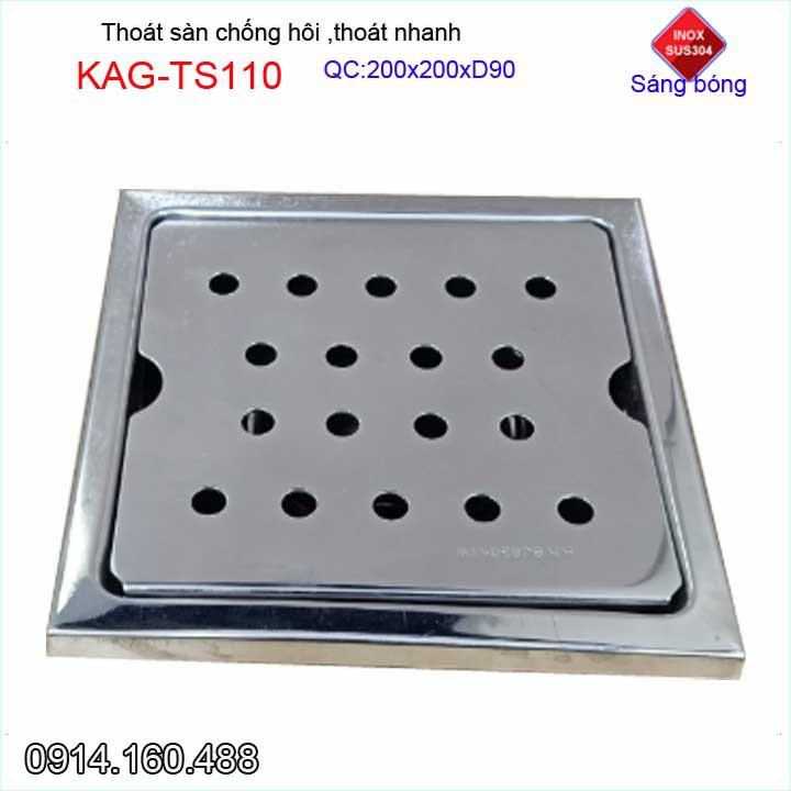 Hố ga thoát sàn Inox Kace ống 9cm KAG-TS110 Inox 304, phễu thoát nước chống hôi 20x20cm ống D90mm
