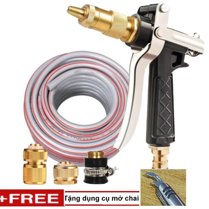 Bộ dây vòi xịt nước rửa xe, tưới cây . tăng áp 3 lần, loại 20m 206236 đầu đồng,cút đồng,+ tặng mở chai