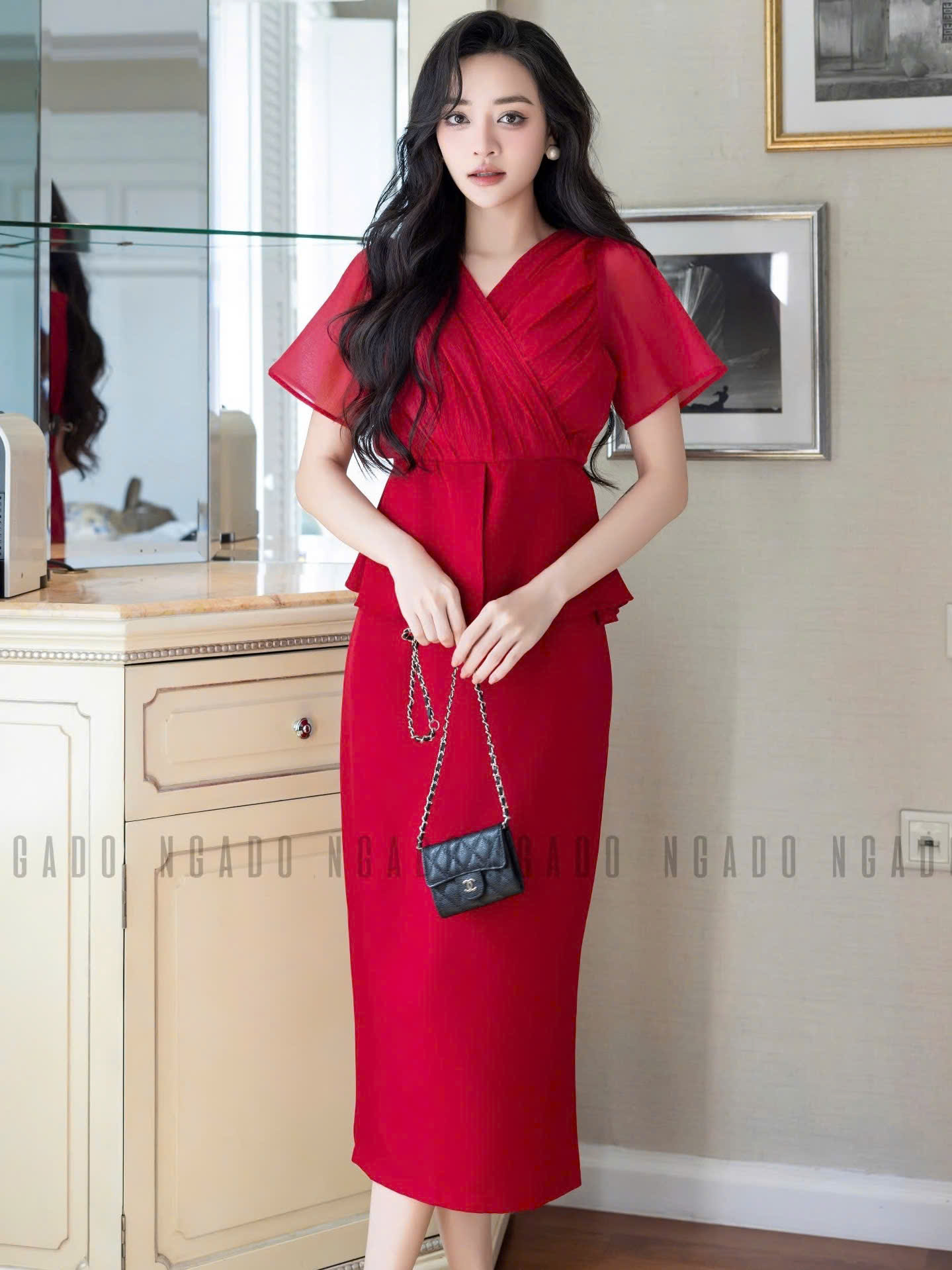 Set áo váy đỏ cổ tim NGADO , Set đồ nữ , Set áo váy thiết kế
