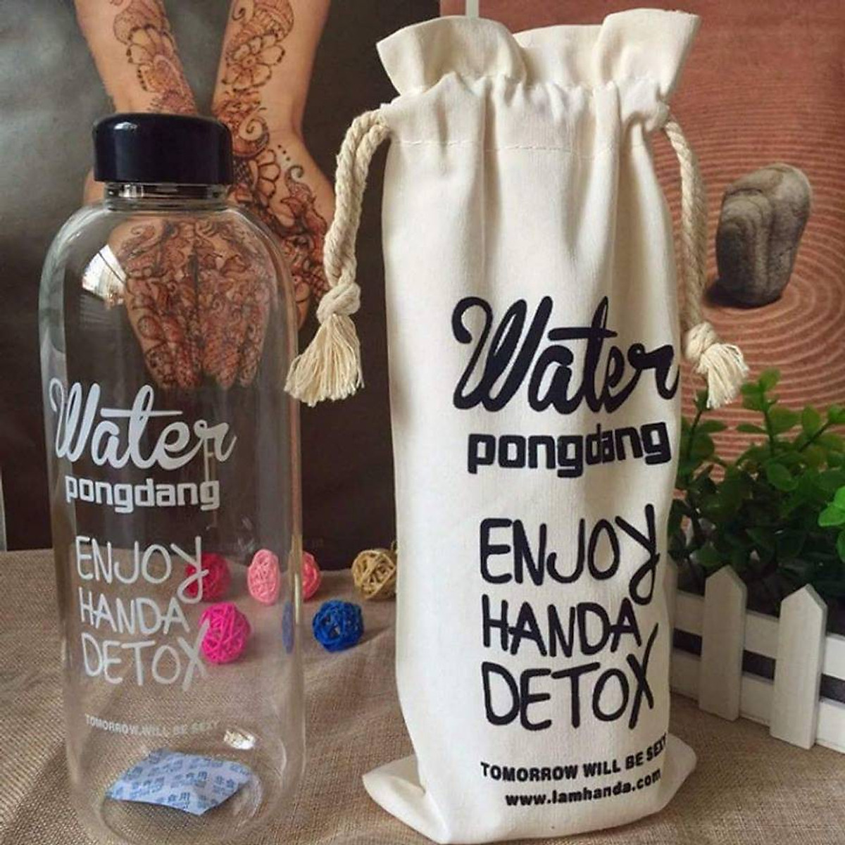 Bình Detox 1000ml WATER PONGDANG Nhựa Cao Cấp Tặng Kèm Túi Vải