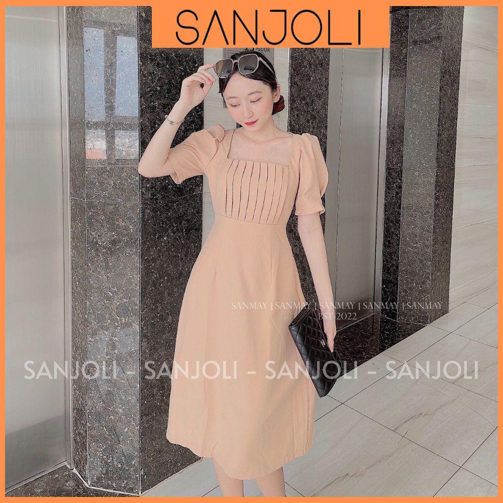 Váy Công Sở Nữ SANJOLI Đầm Dự Tiệc Thiết Kế Cổ Vuông Tay Phồng Họa Tiết Xếp Ly Phong Cách Hàn Quốc Sang Trọng VD017