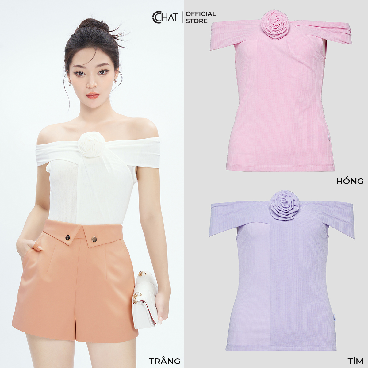 Áo Thun Kiểu Trễ Vai Cài Hoa Dáng Ôm Chất Vải Mềm Mịn Co Giãn 4 Chiều 13TNC8001OT