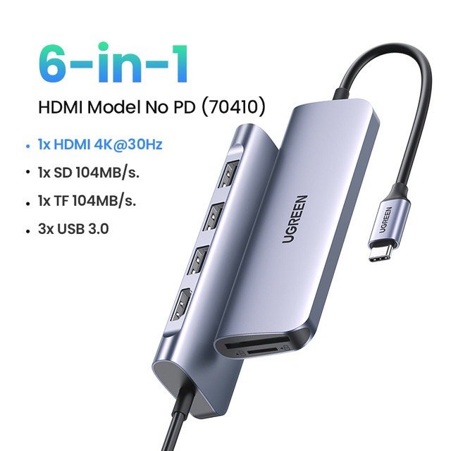 Ugreen HUB USB C HUB 7 Trong 1 4K @ 30hz 6 Trong 1 Đầu Đọc Thẻ Nhớ HDMI 4K 2 USB 3.0 PD100W hàng chính hãng