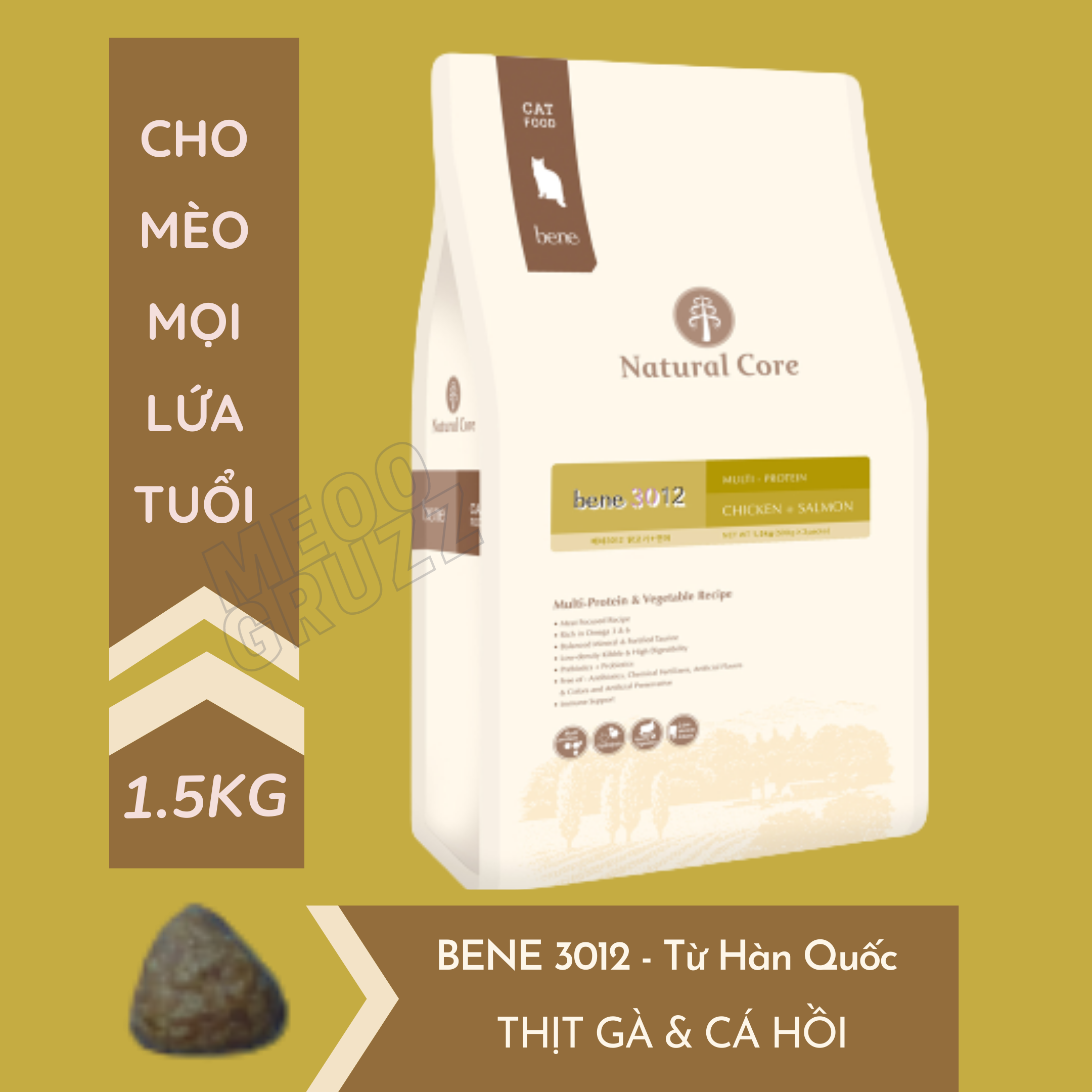 Thức ăn hạt cho mèo Natural Core C3 Bene 3012 | Thịt gà và Cá hồi | Tốt cho tiết niệu và tim mạch | Ngăn ngừa dị ứng | Chính hãng Hàn Quốc