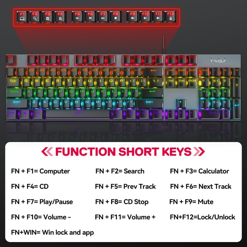 Bàn Phím cơ T-Wolf T17, Blue Switch, USB, LED, 104 Gaming - Hàng chính hãng