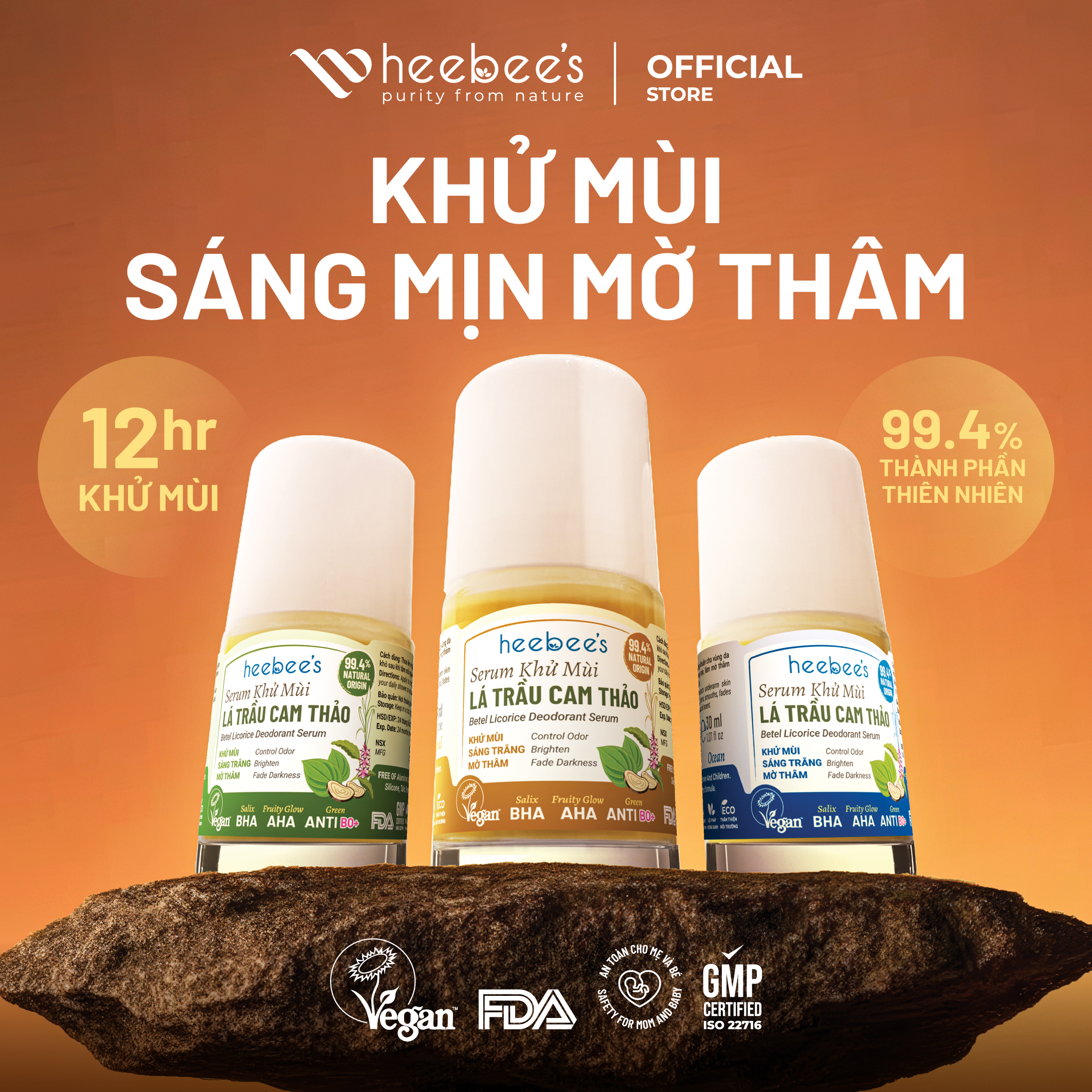 Serum Khử Mùi Thảo Dược Thuần Chay Lá Trầu Cam Thảo Heebee’s Lăn Khử Mùi, Dưỡng Sáng, Mờ Thâm, Ngăn Mùi 12H 30ml