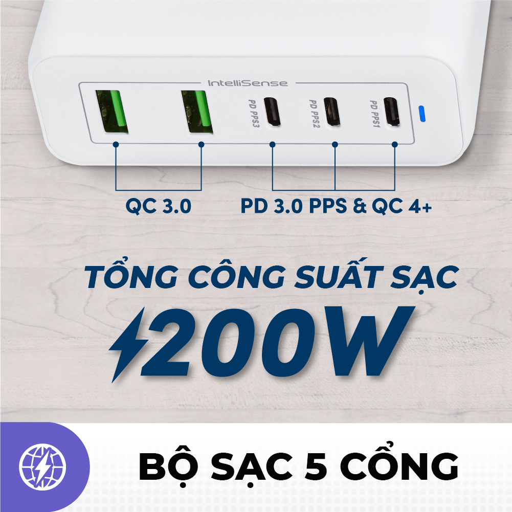 Củ sạc nhanh Prolink GD520001 5 cổng 200W (PD 3.0 & QC4+) công nghệ GAN phù hợp iPhone, Macbook, iPad, Laptop, Tablet - Hàng chính hãng