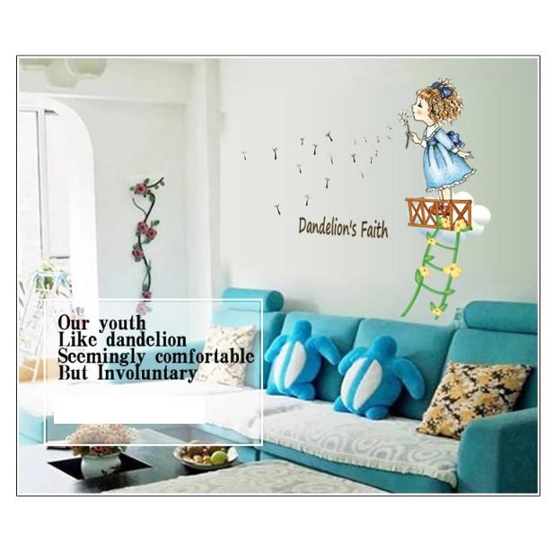 Decal trang trí tường - Bé Gái leo dây thang thổi Bồ Công Anh sắc màu