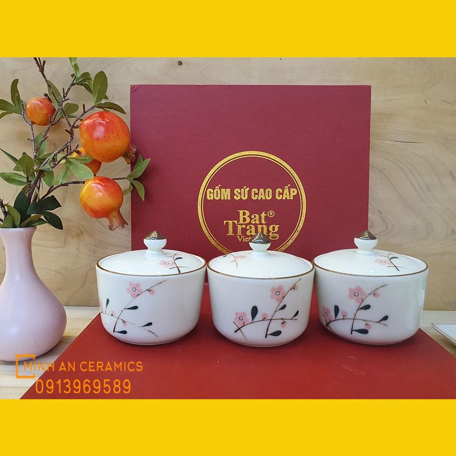 Bộ 03 hộp mứt vẽ đào hồng gốm Minh An Bát Tràng kèm khay gỗ