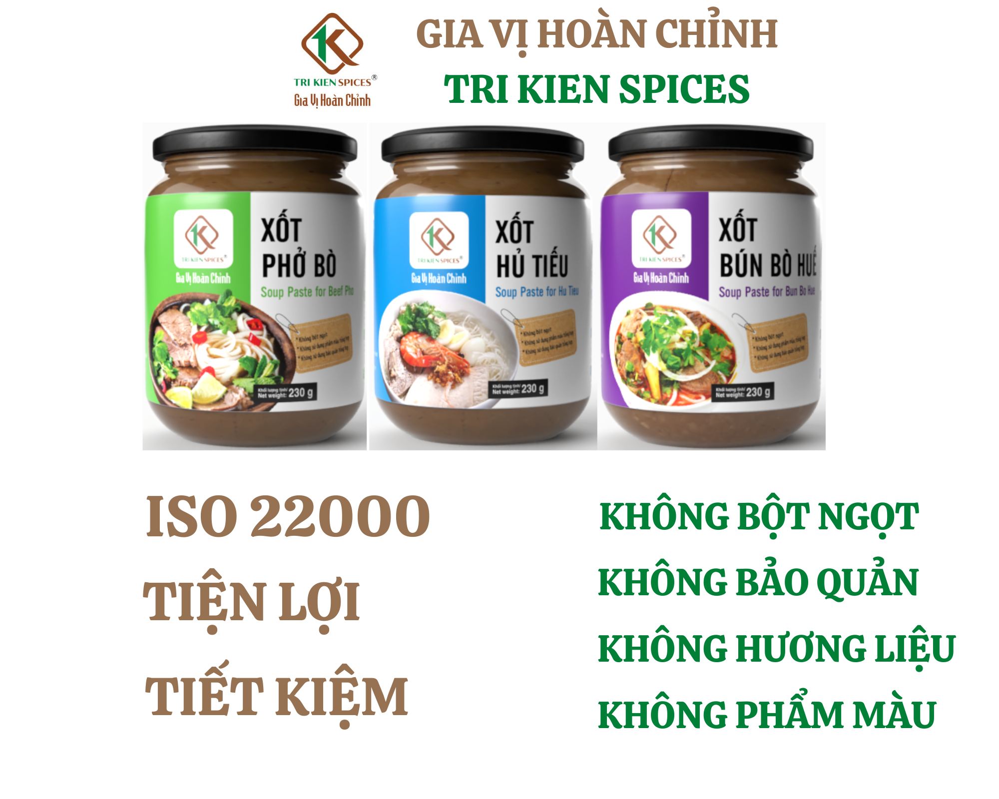 Combo 3 Miền Hoàn Chỉnh 3 Hủ Gia Vị Tri Kien Spices: Xốt Bún Bò Huế 230gr - Xốt Phở Bò 230gr - Xốt Hủ Tiếu 230gr