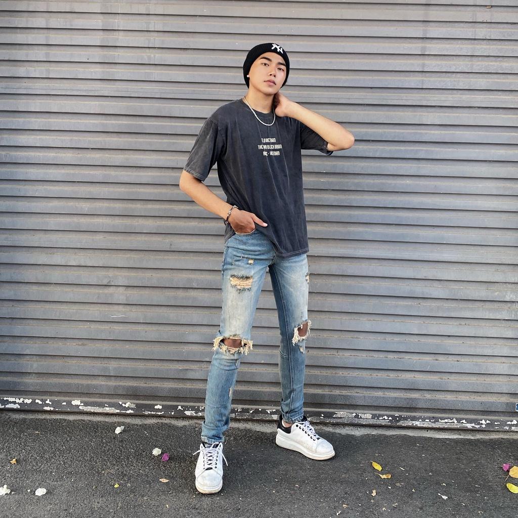 Quần Jean Nam The Luyn Black Màu Xanh Vintage Kiểu Rách Gối Form Dáng Skinny Fit