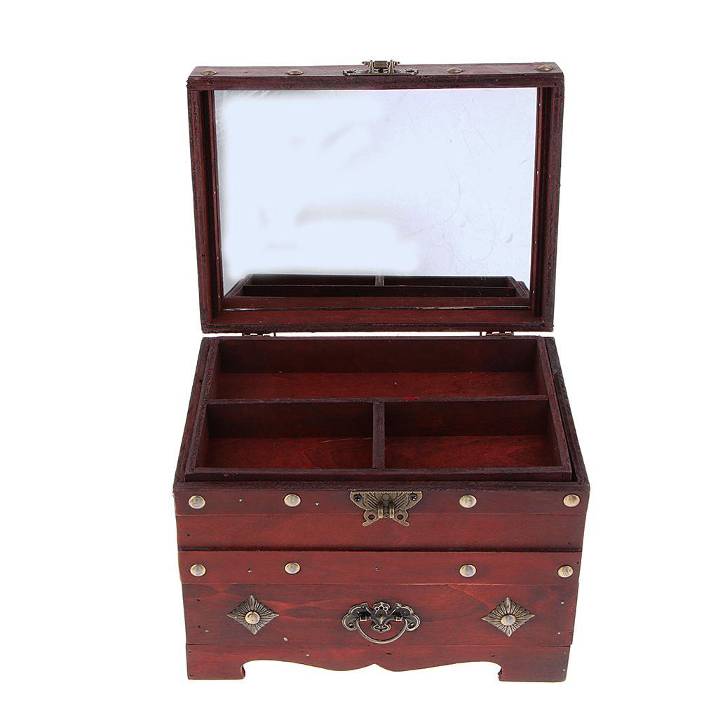 Vintage Wooden Jewelry Box with Lock Storage Rings Trinket Case Organizer