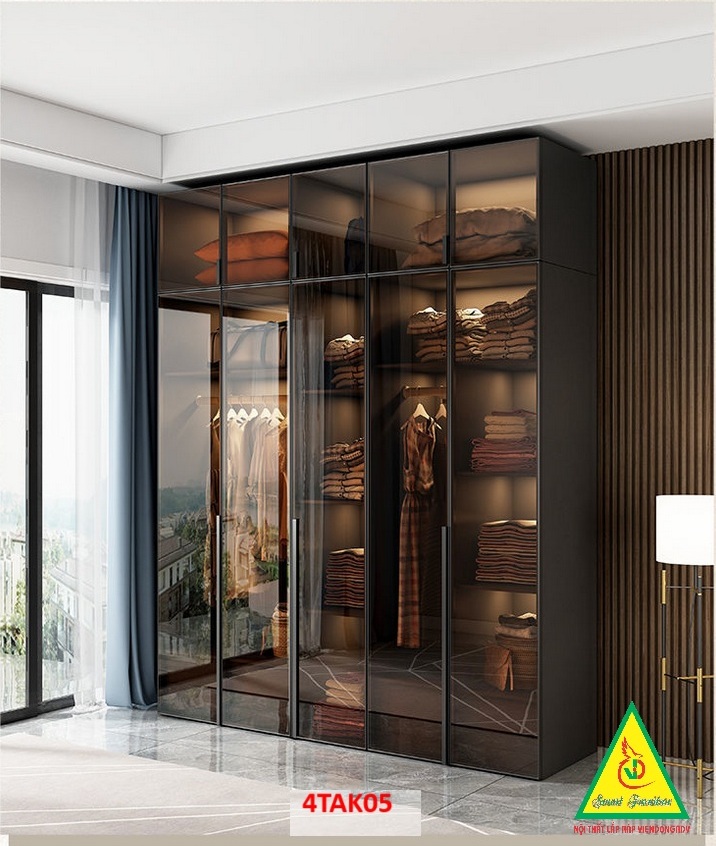Tủ quần áo gỗ MDF cánh kính cường lực khung nhôm 4TAK05 - Nội thất lắp ráp Viendong Adv