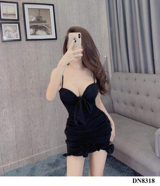 Đầm body rút nhúng cột nơ hở ngực sexy