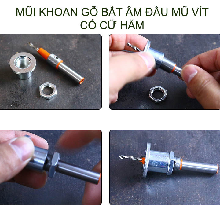 Mũi khoan gỗ bắt âm đầu mũ vít, loại có cữ hãm, đầu âm 10mm, nhiều kích cỡ cho khách lựa chọn