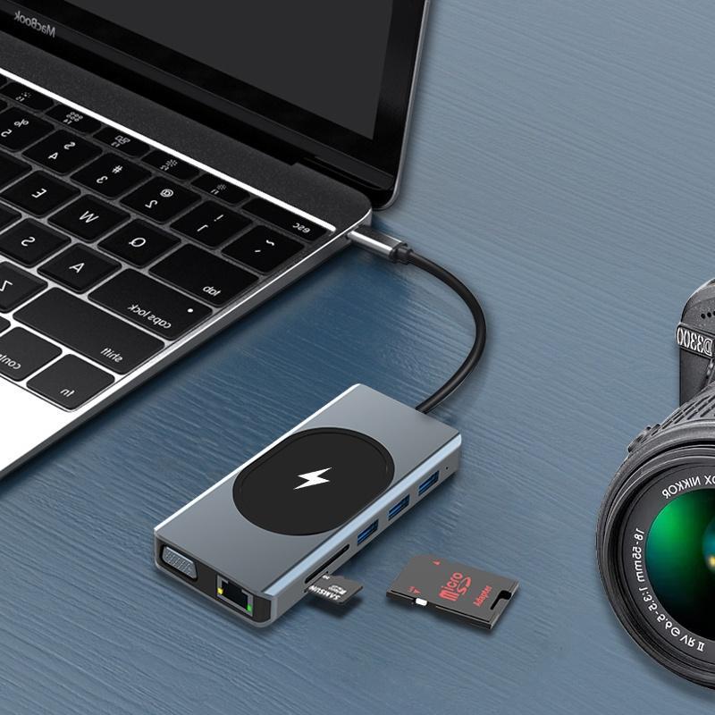 Bộ Chia Cổng Sạc Type c 12 Trong 1 Sang HDMI * 2 4K VGA USB3.0 100W PD / TF2.0 RJ45 1000M 3.5mm Cho Macbook M1 Laptop Điện Thoại
