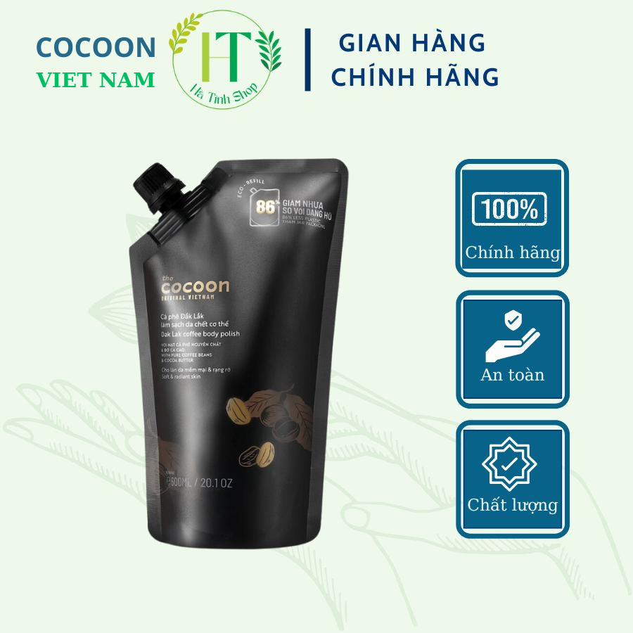 Tẩy da chết cơ thể cà phê Đắk Lắk Cocoon 600ml cho làn da mềm mại và rạng rỡ Túi Refill Big size - Thanh Mộc Hà Tĩnh