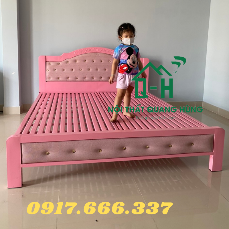 GIƯỜNG SẮT HỘP VUÔNG CAO CẤP CÓ NỆM BỌC ĐẦU MÀU HỒNG DÀNH CHO GIA ĐÌNH