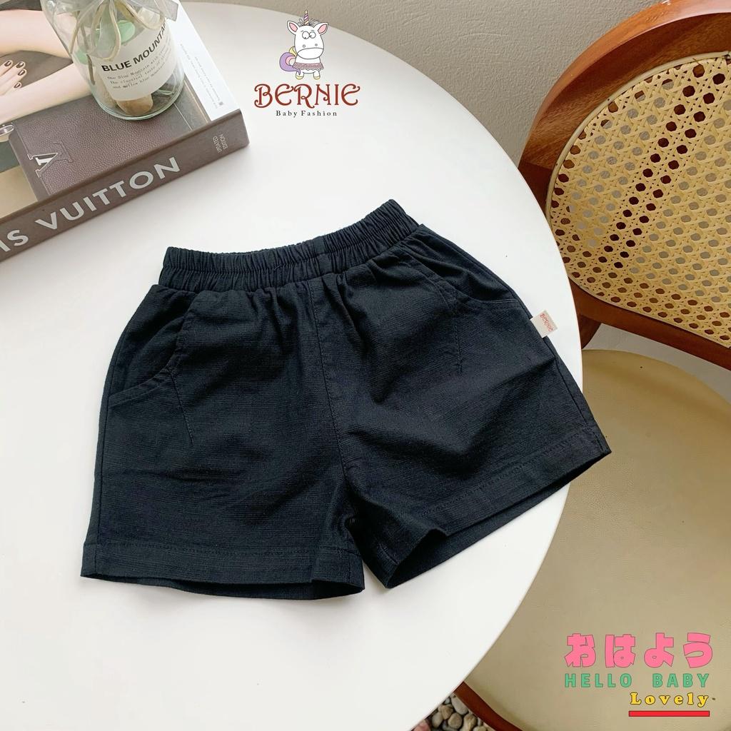 Quần sooc đùi linen kaki mềm bé trai, bé gái unisex có túi màu đen, cam, rêu, be, trắng, hồng