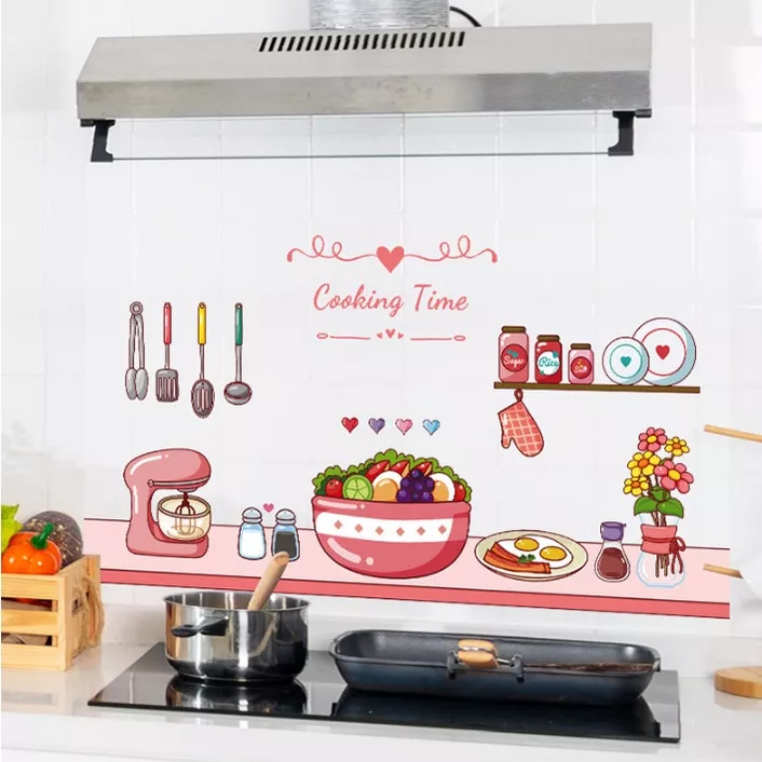 Tấm Decal Nhựa dán tường bếp Chống thấm dầu trong suốt in họa tiết Cooking Time