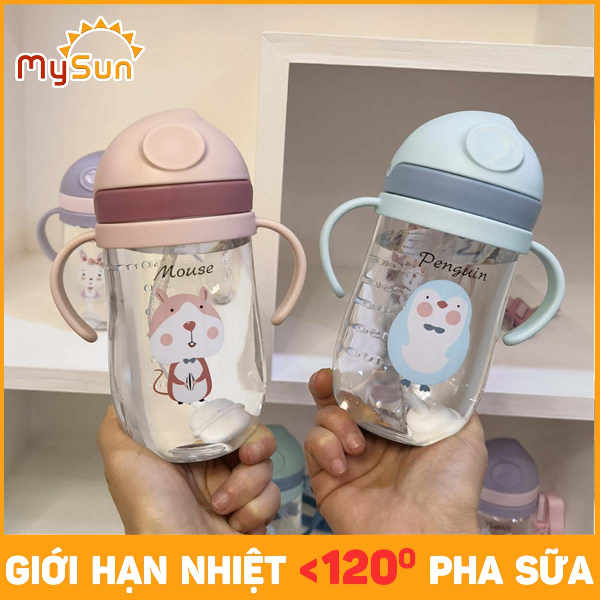 Bình đựng nước nhựa cho bé trai gái 400ml mẫu giáo, cấp 1 lớp 1 2 3 mang đi học  có ống hút tay cầm đẹp xịn MySun