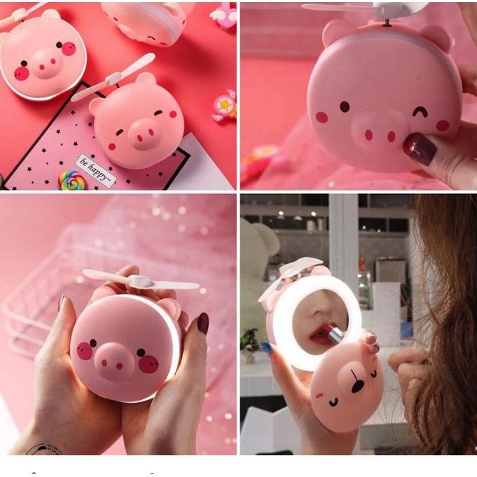 Quạt theo gương 3in1 hình GẤU- HEO hồng - quạt, gương, đèn cute tiện lợi