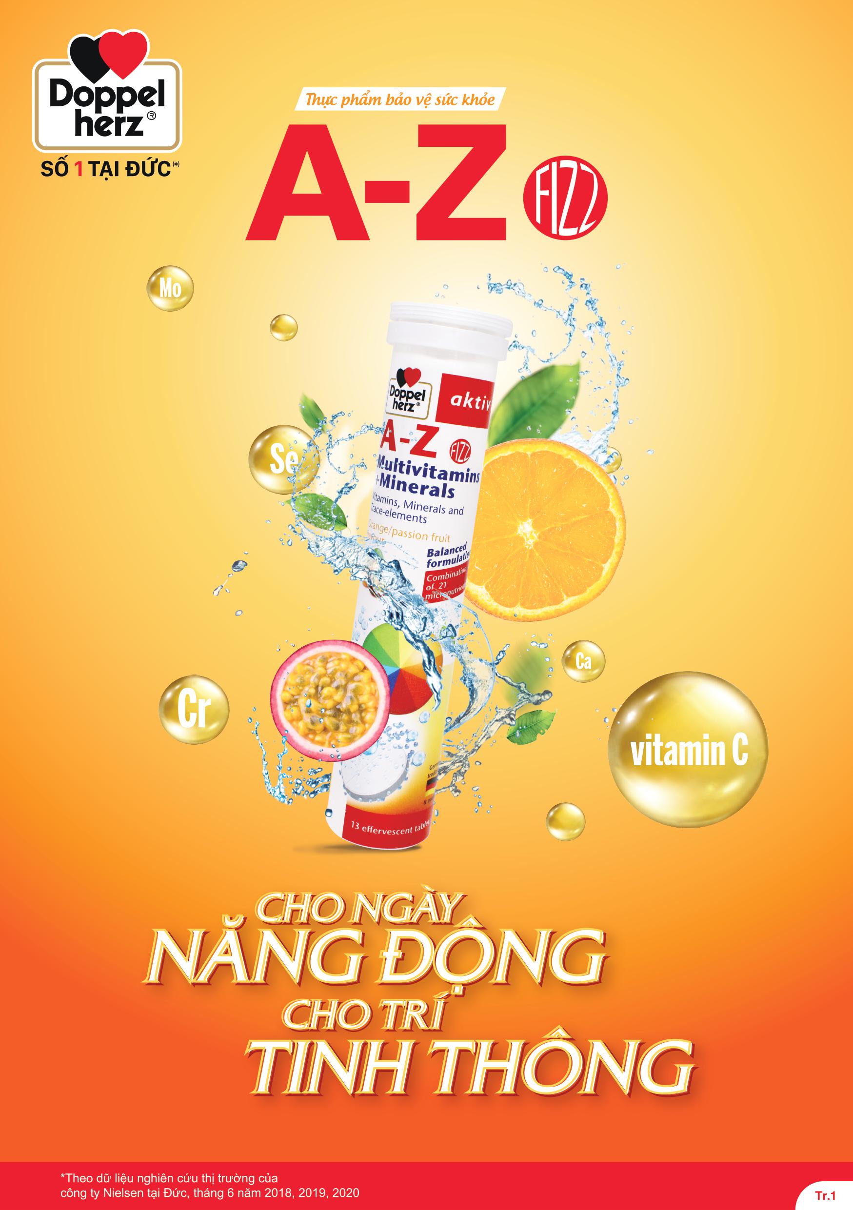 Combo bổ sung vitamin, khoáng chất, bổ não và tim mạch Doppelherz Omega 3 + 02 tuýp sủi A-Z Fizz